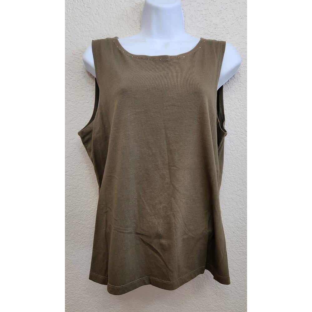 Draper's & Damon's Green Brown Sleeveless Top Large Lightweight Bronze Stud Neck
